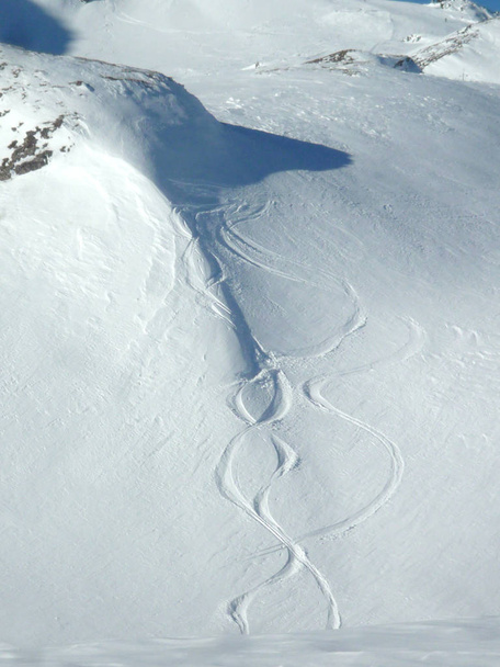 ski and snowboard track in powder snow with copy space for your text - Zdjęcie, obraz