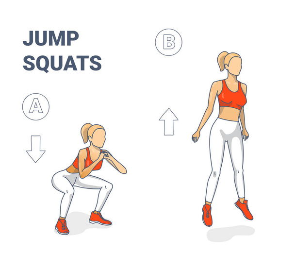 Menina fazendo Jump Squats silhuetas. Squatting saltos ilustração conceito
. - Vetor, Imagem