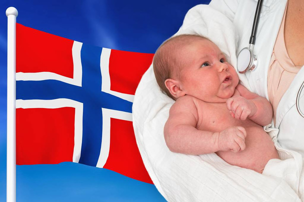 Birth rate in Norway. Newborn baby in hands of doctor. - Photo, Image