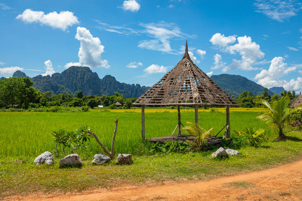 Zelená rýžová pole a hory, Vang Vieng, Laos, Jihovýchodní Asi - Fotografie, Obrázek