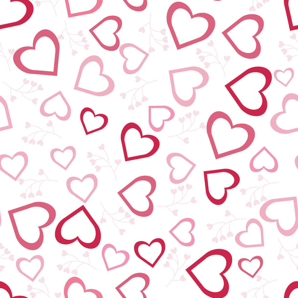 Valentine's Day seamless vector pattern. Love heart shapes in pink and red colour on white background. - Vector, imagen