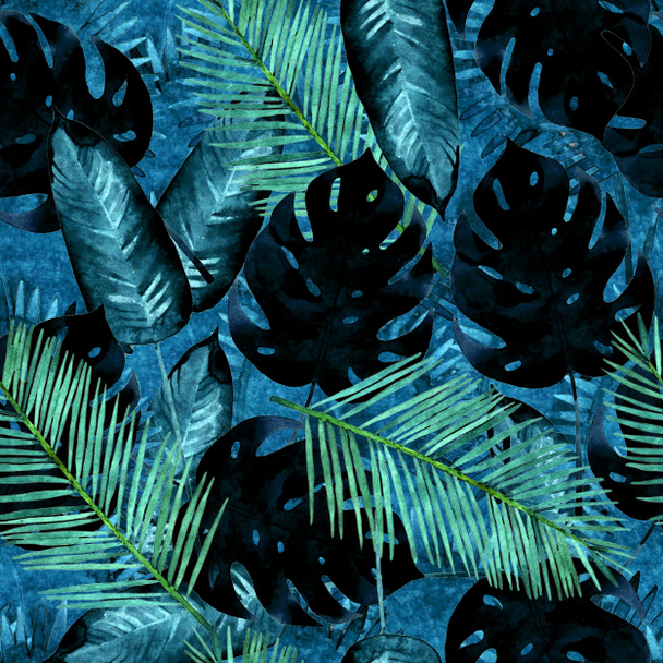 watercolor blue palm leaves seamless pattern illustration. Tropical background - Photo, Image