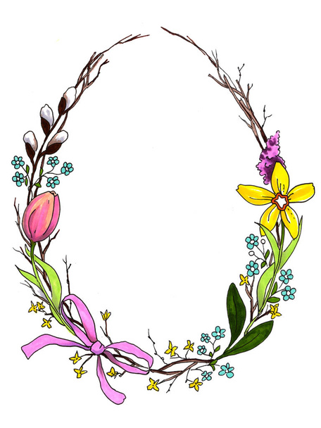 Velikonoční přání s květinovým rámečkem ve tvaru vajíčka. Ideální pro sezónní pozdravy a jarní prázdniny. Kresba s obrázkem značek - Fotografie, Obrázek