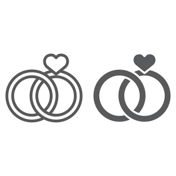 結婚指輪のラインとグリフのアイコン、バレンタインと休日、婚約サイン、ベクトルグラフィック、白い背景の線形パターン、 eps 10. - ベクター画像