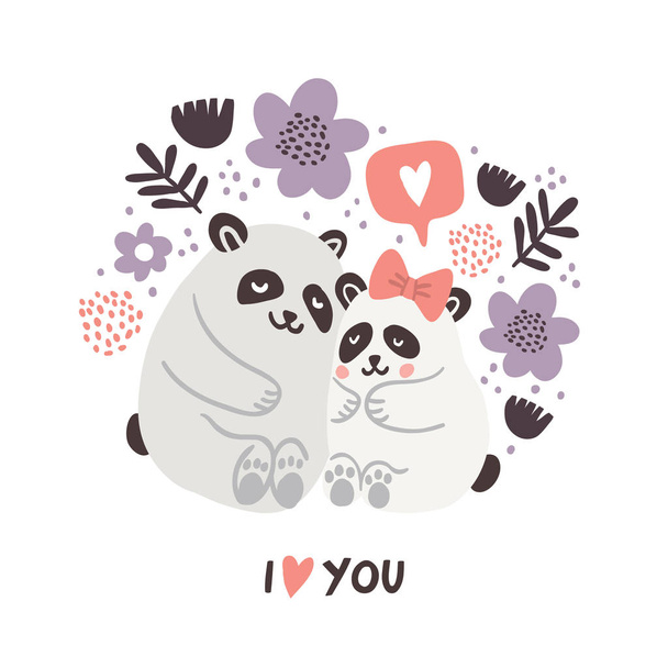 Vector illustration of cute pandas hugging, love - Vector, Image