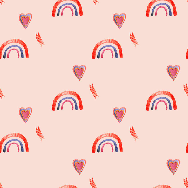 Бесшовный рисунок с акварелью сердца, радуги, ленты. Ручная иллюстрация
  - Фото, изображение