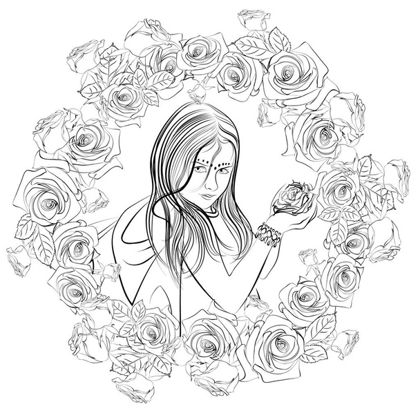black and white illustration of a beautiful girl surrounded by roses, round flower frame, illustration for coloring - Vektor, Bild