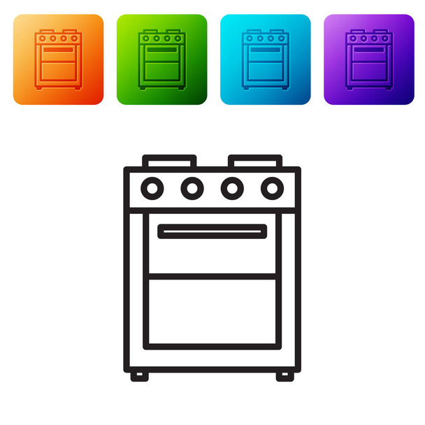 Icona Forno linea nera isolata su sfondo bianco. Fornello a gas segno forno. Imposta le icone nei pulsanti quadrati a colori. Illustrazione vettoriale - Vettoriali, immagini