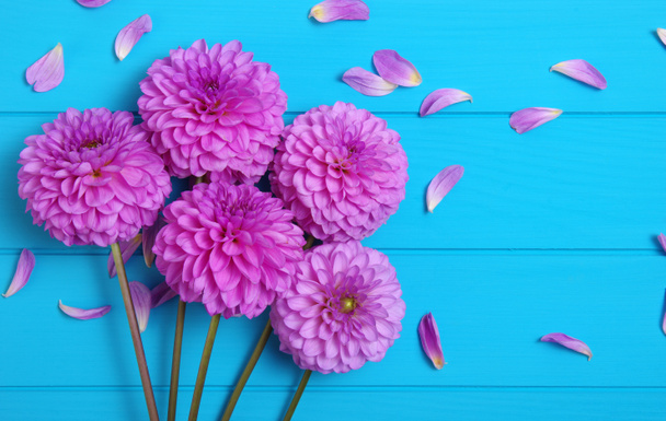  Квіти на синіх пофарбованих дерев'яних дошках
. - Фото, зображення