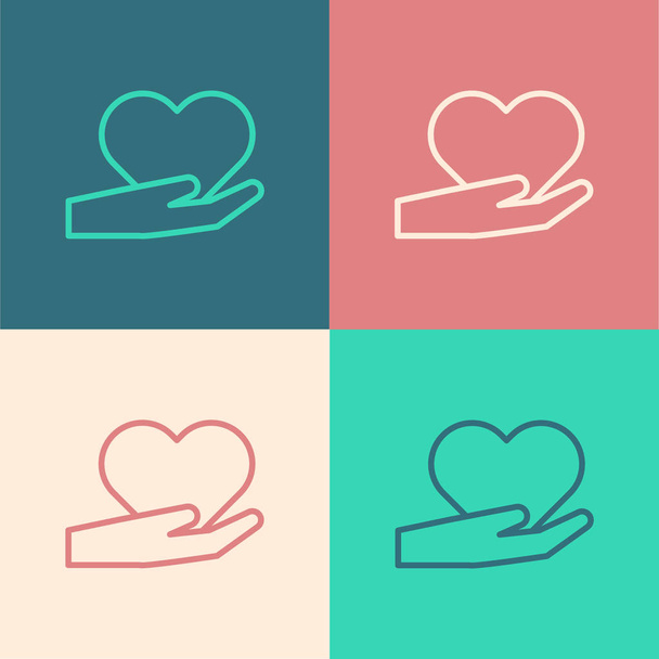 Color line Heart on hand icon isolated on color background. Hand giving love symbol. Valentines day symbol. Vector Illustration - Vector, Image
