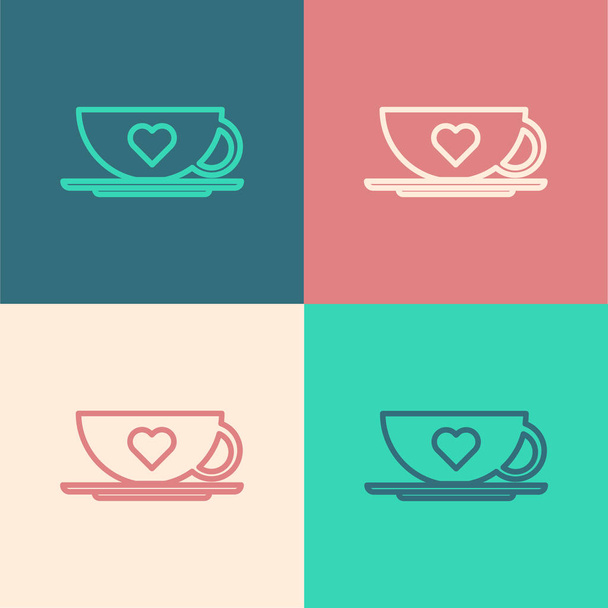 Barva linka Káva šálek a srdce ikona izolované na barevném pozadí. Pár kávy pro milence na Valentýna. Vektorová ilustrace - Vektor, obrázek