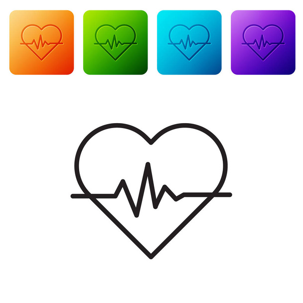 Schwarzer Strich Herzfrequenzsymbol isoliert auf weißem Hintergrund. Herzschlagzeichen. Herzpuls-Symbol. Kardiogramm-Symbol. Setzen Sie Symbole in farbigen quadratischen Tasten. Vektorillustration - Vektor, Bild