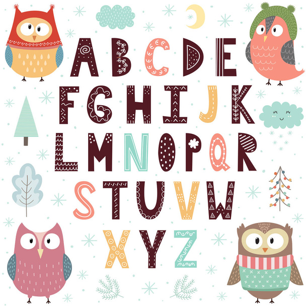 Alphabet with cute owls for children. Educational poster - Vetor, Imagem