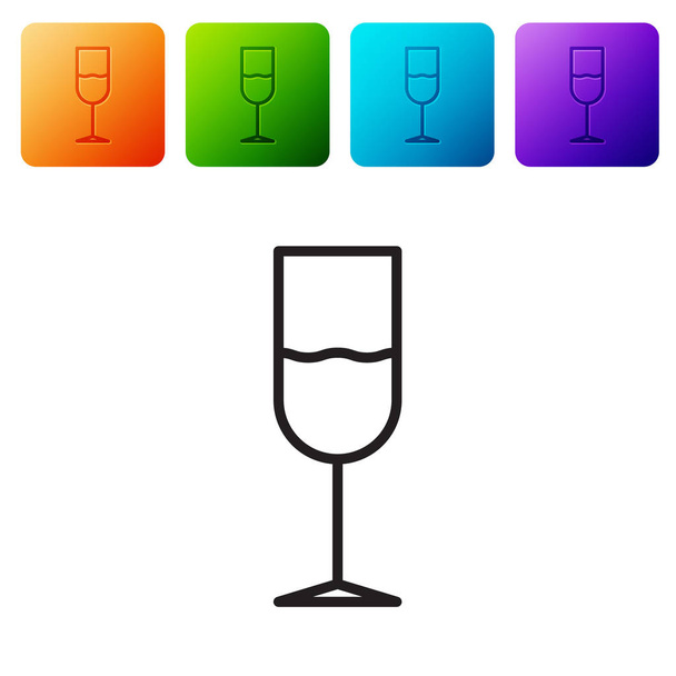 Beyaz arka planda izole edilmiş siyah çizgi şarap cam ikonu. Şarap kadehi ikonu. Kadeh işareti. Cam levhası. Renkli kare düğmelerle simgeleri ayarla. Vektör İllüstrasyonu - Vektör, Görsel