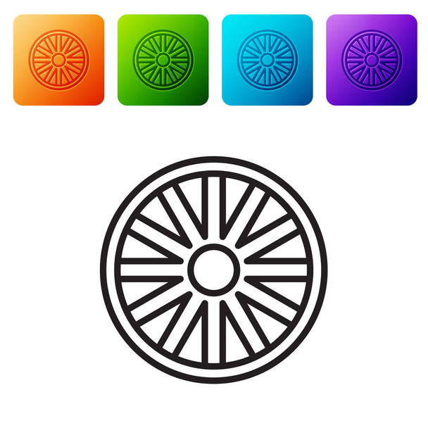 Schwarze Linie altes hölzernes Radsymbol isoliert auf weißem Hintergrund. setzen Sie Symbole in farbigen quadratischen Buttons. Vektorillustration - Vektor, Bild