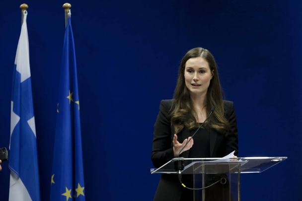 Brussels, Belgium. 13th December 2019.  Finnish Prime Minister  Sanna Marin gives a press conference on results of an European Council. - Fotó, kép