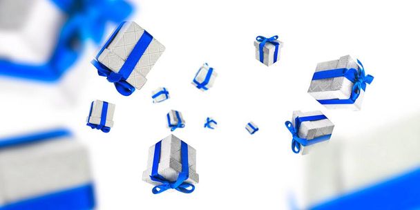Cajas de regalo fondo. Caída de regalos con cintas azules. Feliz cumpleaños o tarjeta de felicitación del partido
 - Foto, Imagen