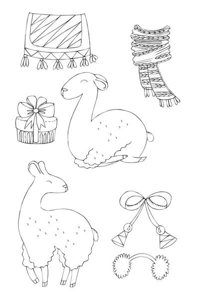 Illustrazione di un disegno a inchiostro nero di un animale alpaca tra fiori e piante su uno sfondo bianco isolato
. - Foto, immagini