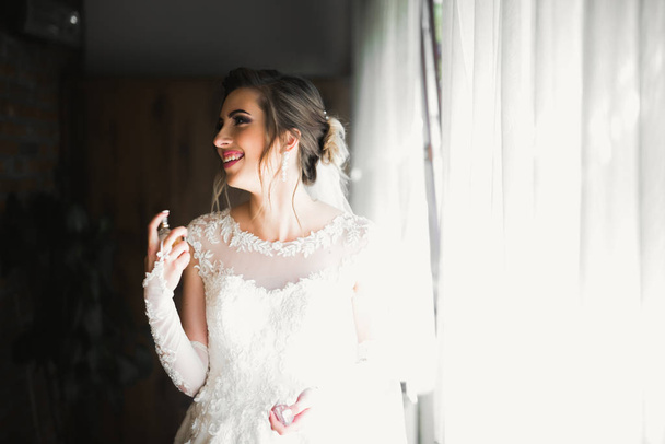 Gorgeous bride in robe posing and preparing for the wedding ceremony face in a room - Fotografie, Obrázek