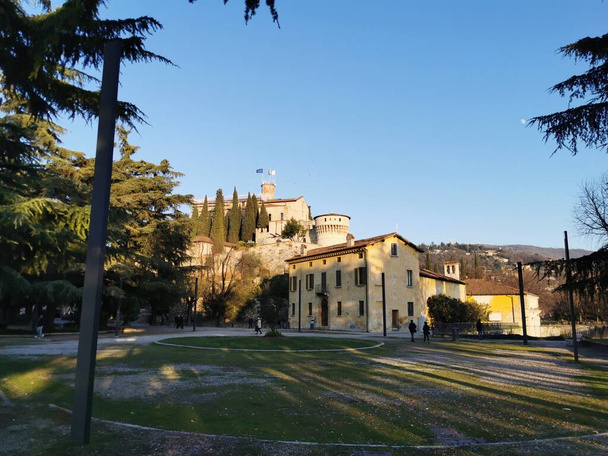 Brescia Castle, protective walls and tower in a beautiful sunny day - Fotoğraf, Görsel