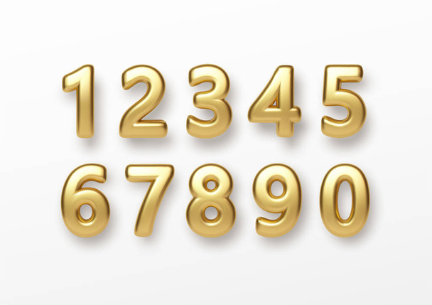 Realisztikus 3D-s betűszámok elszigetelt fehér háttér. Arany számok beállítva. Dekorációs elemek banner, borító, születésnapi vagy évfordulós party meghívó design. Vektorillusztráció - Vektor, kép
