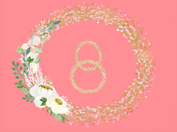  жіночий день вітальна листівка, 8 березня святковий фон рожеві золоті елементи та квіткові найкращі побажання кохання цитати текст копіювання простір
 - Фото, зображення