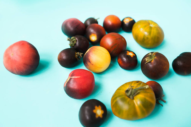 fresh colorful tomatoes on a blue background - Photo, Image