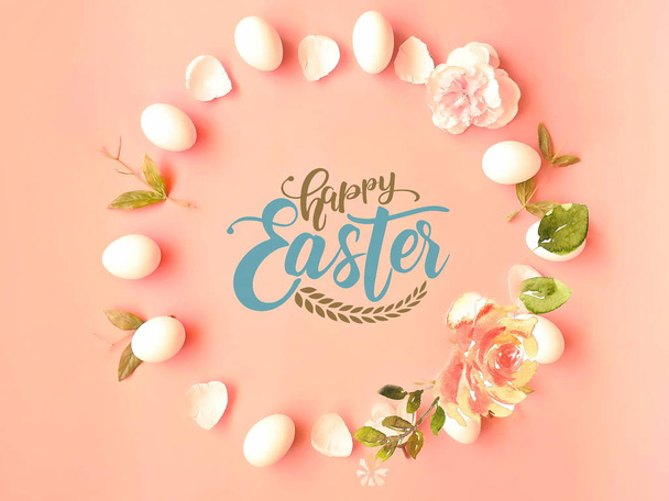Easter Greetings   quotes text  template illustration   web design colorful pink  announcement,   banner template collage , , Best wishes lettering  and  white Flowers , Spring holiday ,copy space  - Фото, изображение