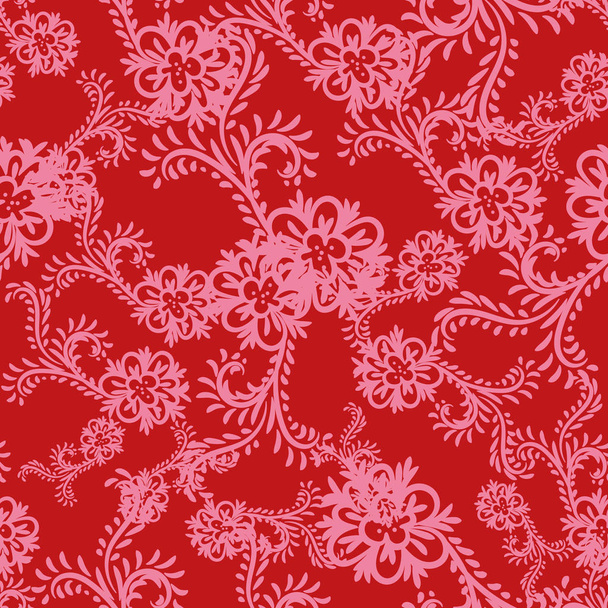 zökkenőmentes vektor díszítő minta rózsaszín virágos formák a piros háttér - Vektor, kép