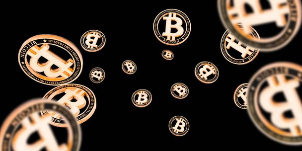 Bitcoin Cash. Gold fallende Kryptowährung. fallende Münzen isoliert auf dunkel. Litecoin, Ethereum Kryptowährung Hintergrund - Foto, Bild