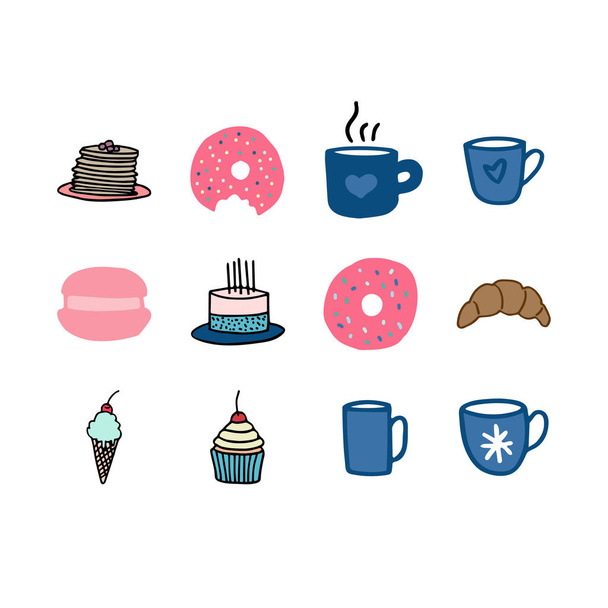 Set of hand drawn food icons isolated on a white background.Food doodles.Pancake,doughnut,macaron,birthday cake,ice cream, croissant,cupcake,hot chocolate,tea,coffee cup,mug icons. - Vector, imagen