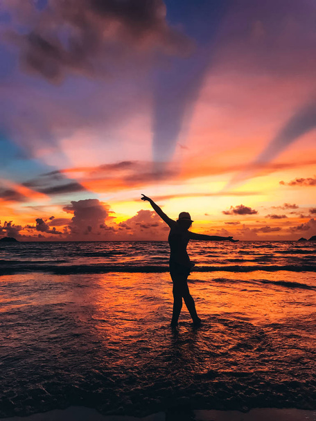 silhouette of beautiful young woman on seashore on sunset - Foto, imagen