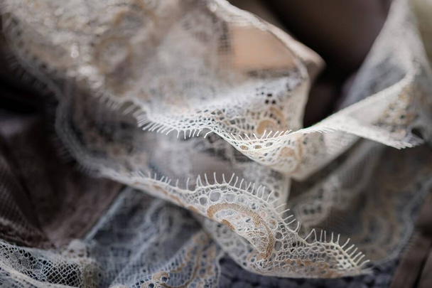 Délicate lingerie en dentelle de soie pastel, fond clair
 - Photo, image