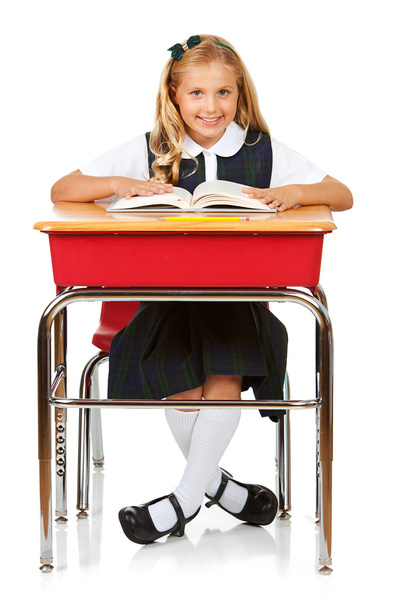 Student: Cheerful Schoolgirl Reading Book - Foto, imagen