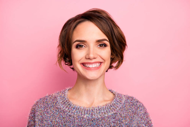 Close-up portrait of her she nice-looking attractive lovely charming pretty cute winsome cheerful cheery girl wearing modern haircut isolated over pink pastel color background - Foto, Bild