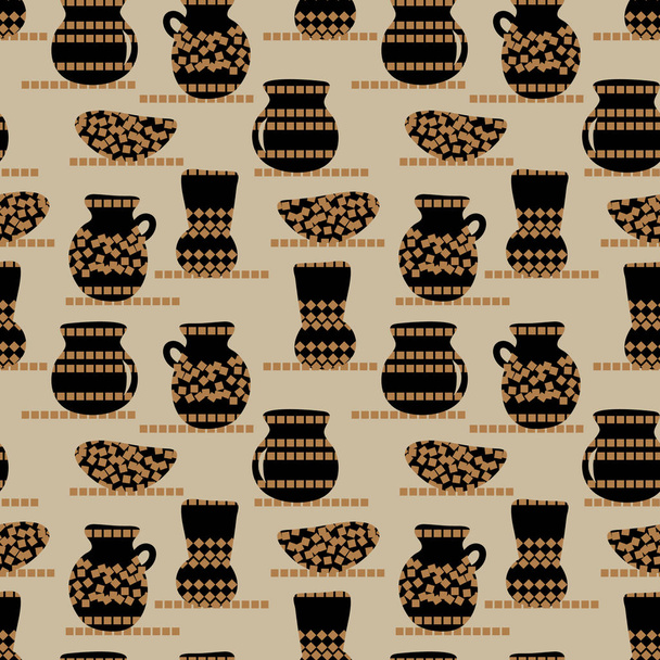 naadloze vector patroon met aardewerk in zwart en goud kleuren - Vector, afbeelding