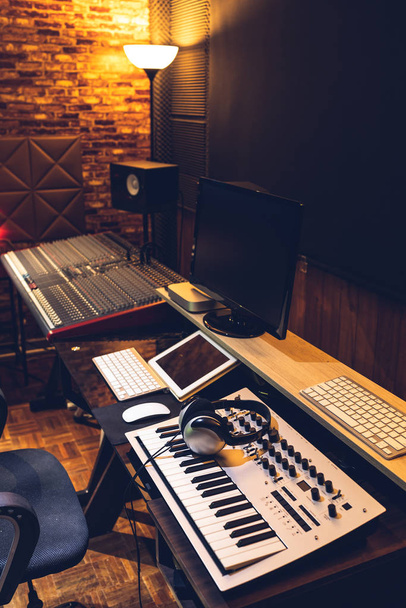 home recording studio interior and professional audio equipment - Photo, image