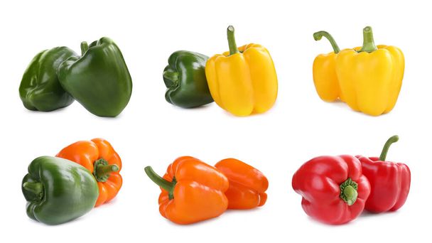 Set of different ripe bell peppers on white background - Foto, imagen
