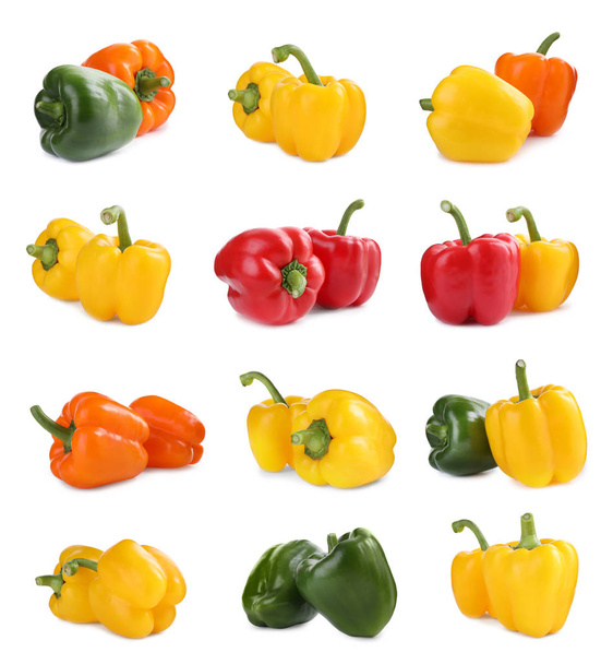 Set of different ripe bell peppers on white background - Фото, изображение