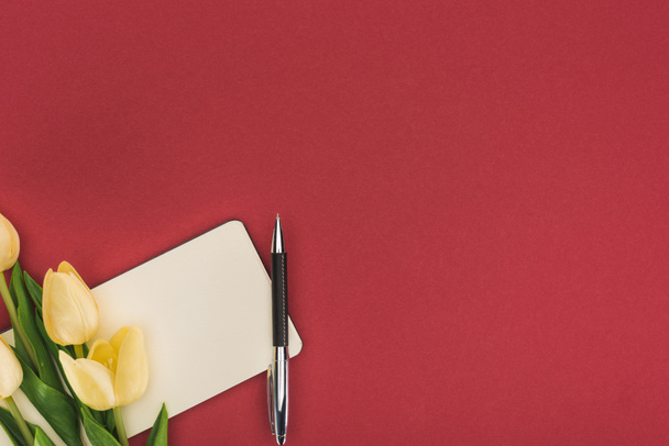 bovenaanzicht van tulpen en leeg notitieboekje met pen geïsoleerd op rood - Foto, afbeelding