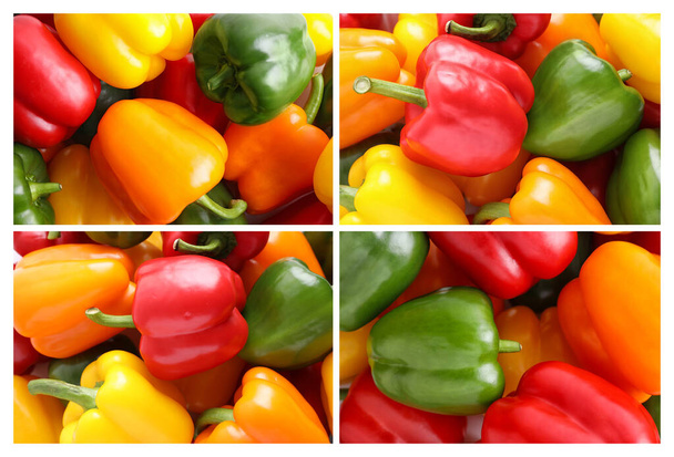Collage with different ripe bell peppers on white background, closeup - Φωτογραφία, εικόνα