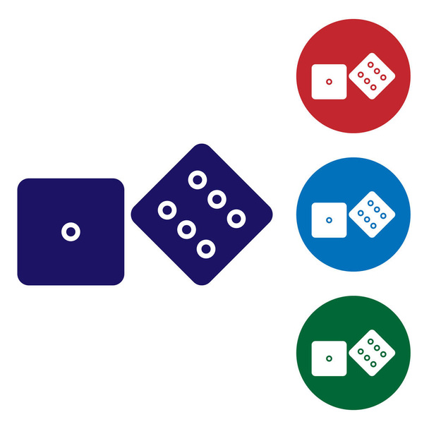 Modrá hra kostky ikona izolované na bílém pozadí. Hazard v kasinu. Nastavit barevné ikony v kruhových tlačítcích. Vektorová ilustrace - Vektor, obrázek