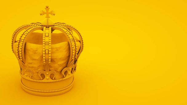 Koninklijke gouden kroon op gele achtergrond. Minimaal ideeënconcept, 3D-illustratie - Foto, afbeelding