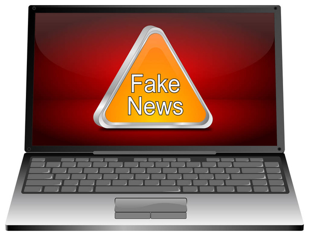 Ноутбук Комп'ютер з помаранчевим Fake News попереджувальний знак на червоній стільниці 3D ілюстрація
 - Фото, зображення