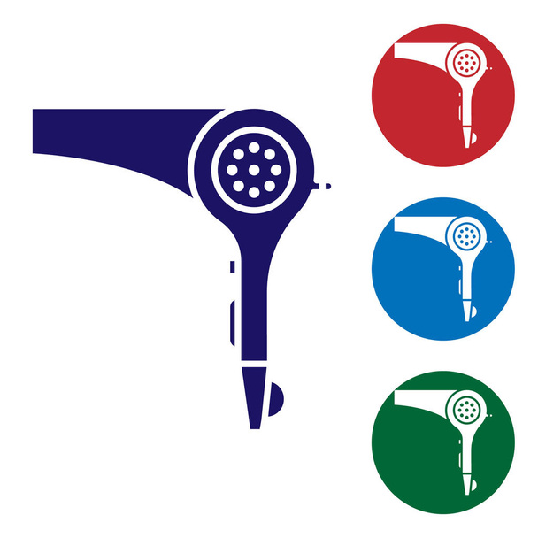 Blue Hair dryer icon isolated on white background. Hairdryer sign. Hair drying symbol. Blowing hot air. Set color icons in circle buttons. Vector Illustration - Vector, Image