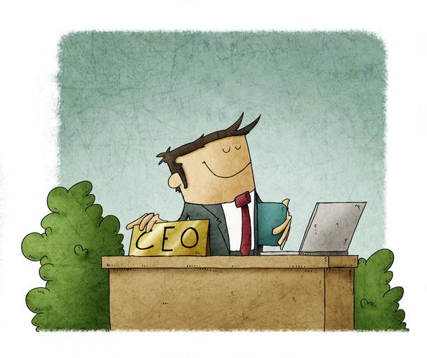 ilustración estilo de dibujos animados de un CEO en su escritorio de oficina
 - Foto, Imagen