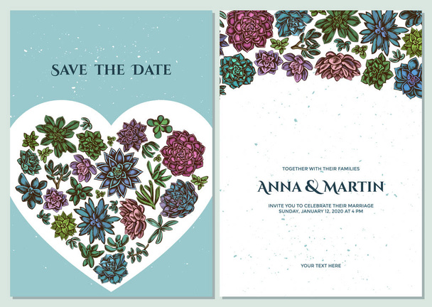 Carte d'invitation de mariage avec echeveria succulent coloré, echeveria succulent, succulent
 - Vecteur, image