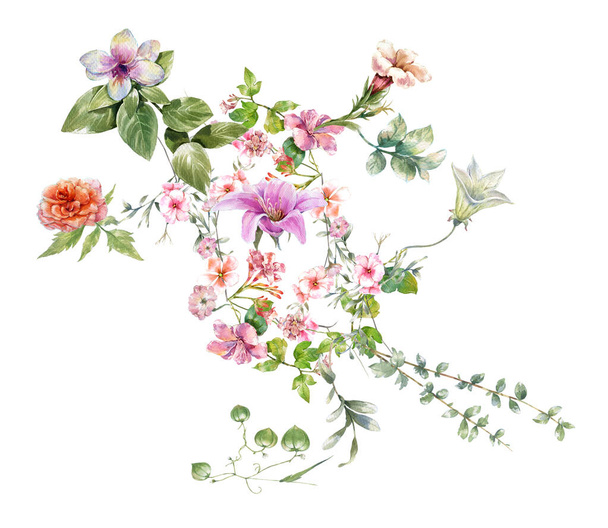 watercolor painting of leaves and flower, on white background  - Φωτογραφία, εικόνα