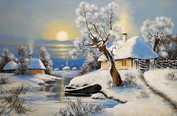 Живопись маслом сельский пейзаж, зимний пейзаж с деревьями и снегом, лодка в реке. Изобразительное искусство
. - Фото, изображение