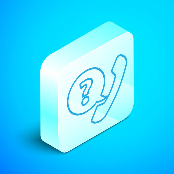 Línea isométrica Teléfono inalámbrico y el icono de la burbuja del habla de chat aislado en el fondo azul. Señal telefónica. Botón cuadrado plateado. Ilustración vectorial
 - Vector, imagen
